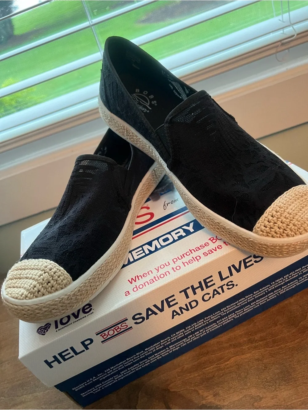 Skechers BOBS Black Slip-On Crochet Espadrille with Natural Toe